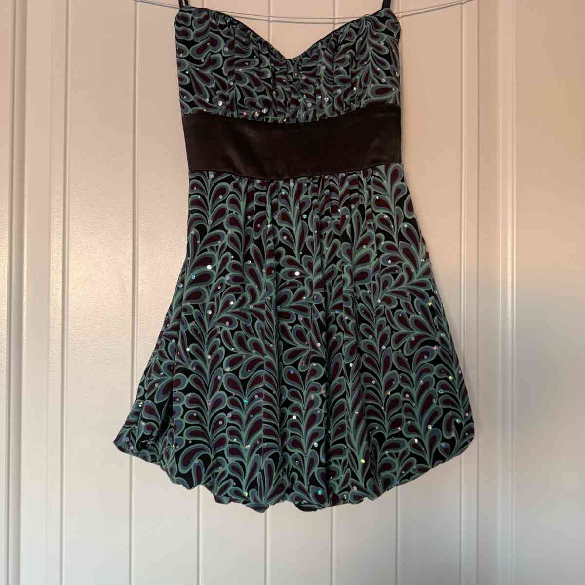 Strapless Teal  Black Sparkle Cocktail Dress with Satin Wais