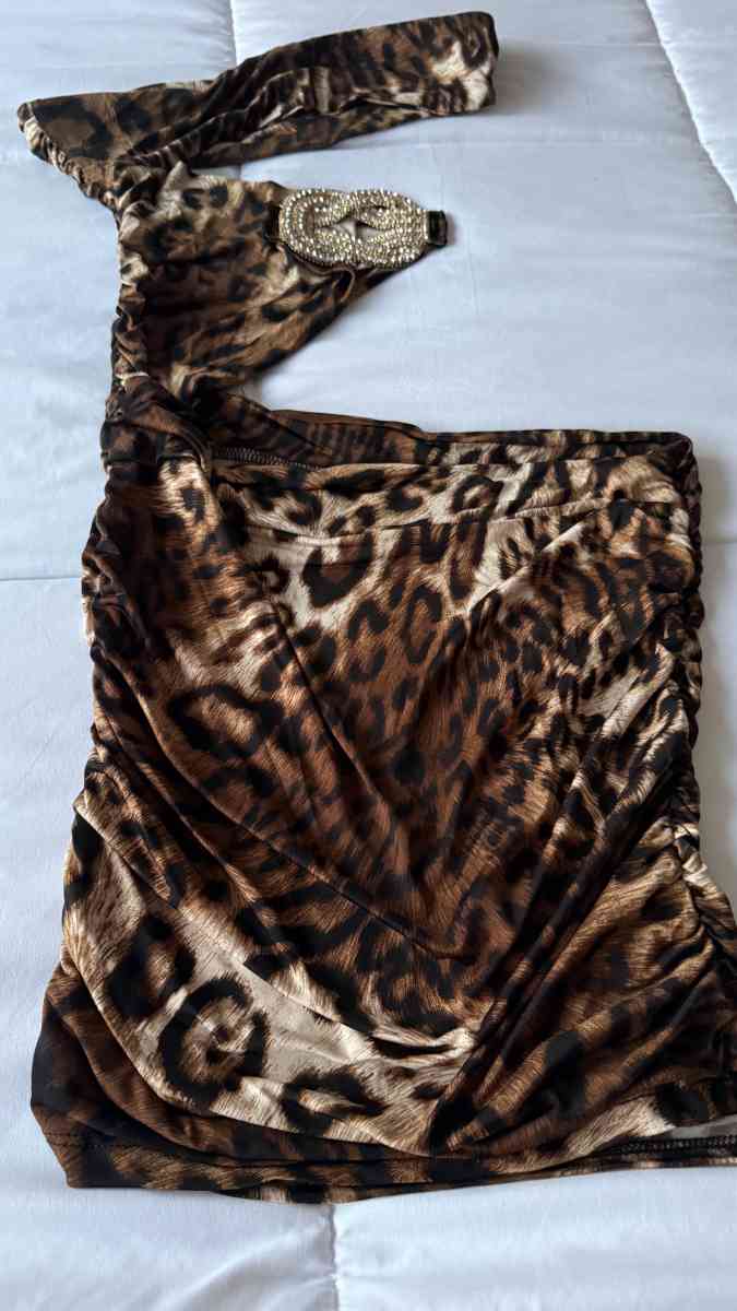 Leopard Print OneShoulder CutOut Mini Dress with Rhinestone