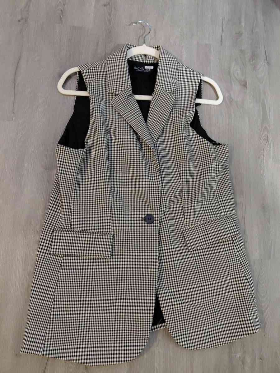 Rachel Zoe Houndstooth Long Vest One Button Black White